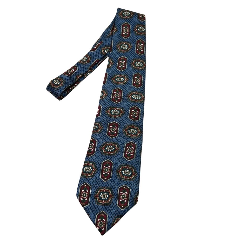 Vintage Oscar De La Renta Silk Tie Blue Burgundy Houndstooth Medallion Pattern
